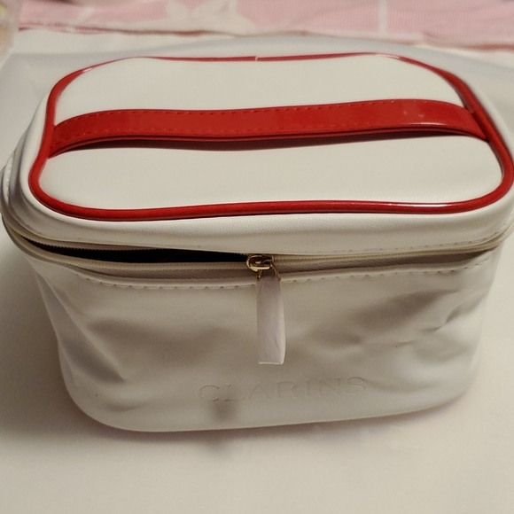 @new@ clarins white leather tall makeup bag